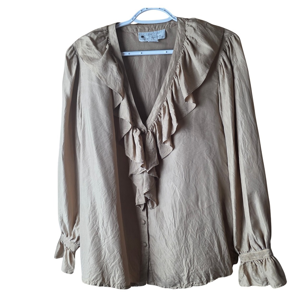 Sophisticates Petites M Silk Blouse Taupe Ruffle Collar Bell Sleeve Button Front